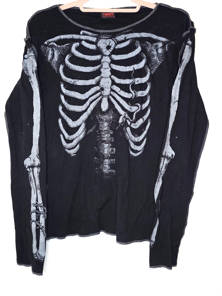 Vintage Omen Skeleton Anatomy Graphic Long Sleeve Tee T-Shirt Goth Grunge Top Os